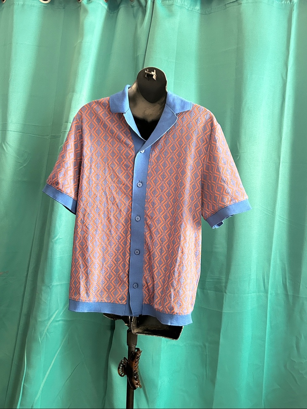 Men's Geometric Short-Sleeve Button Shirt - Blue & Brown